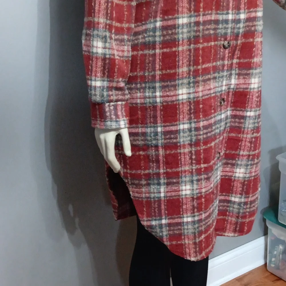 Red Plaid Trench Style Jacket - Picture 2 of 9